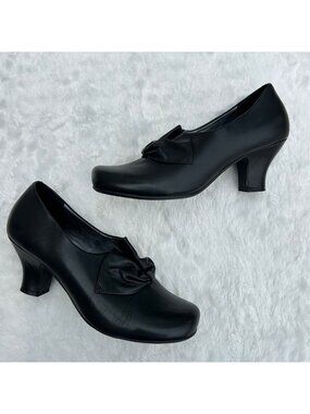hotter Black Leather Mid Heel Pumps with Bow Accent